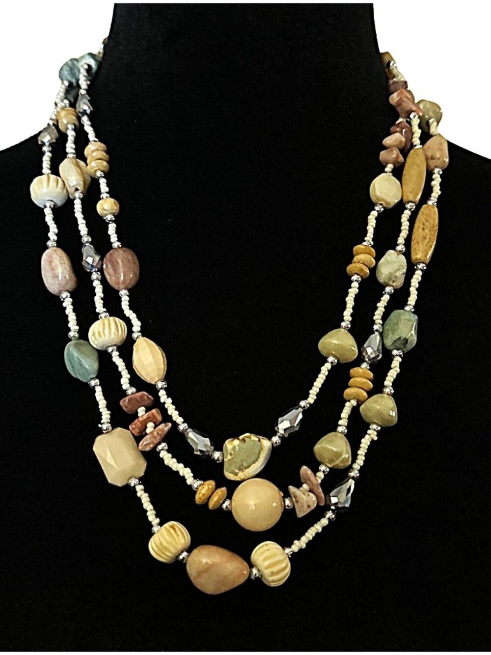 Smithsonian Beaded Necklace Dangle Earrings Set Vintage Natural Stone Wood Mixed